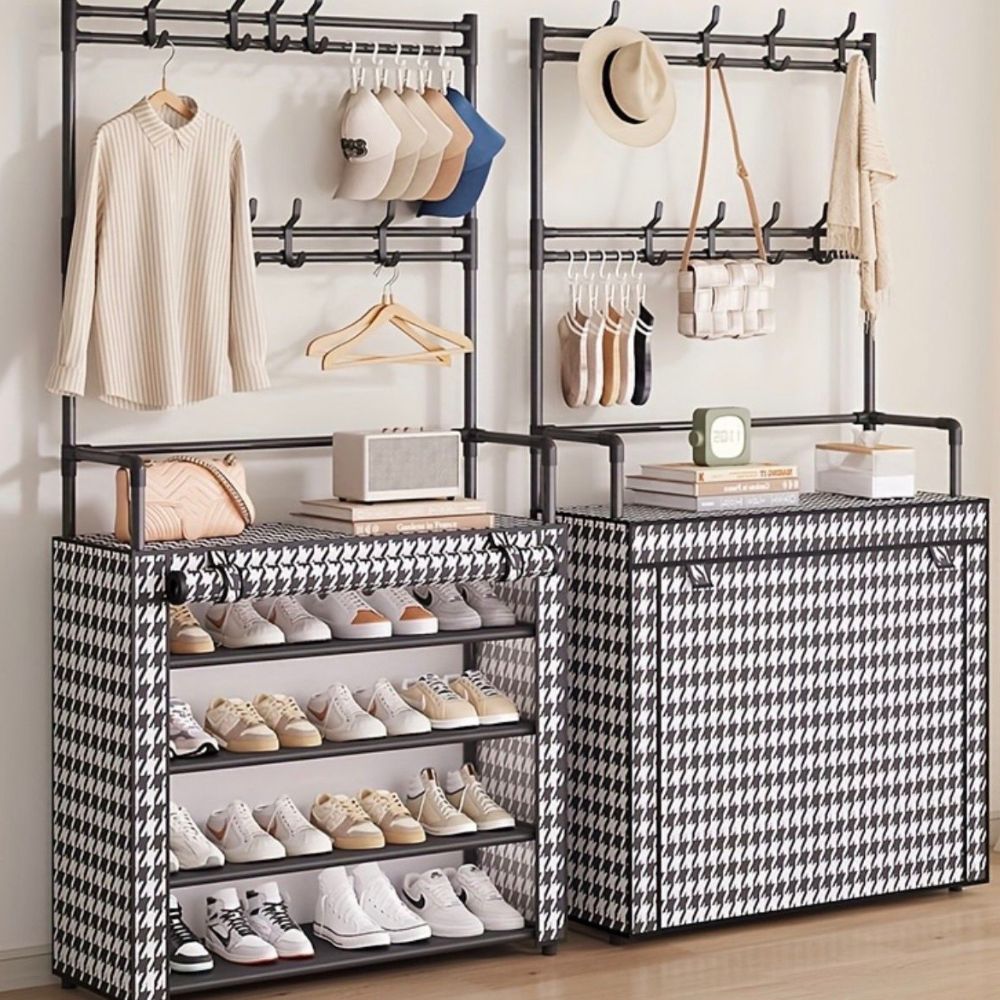 Zapatero Perchero Metálico 5 Niveles Acero Inoxidable con 8 Ganchos Negro