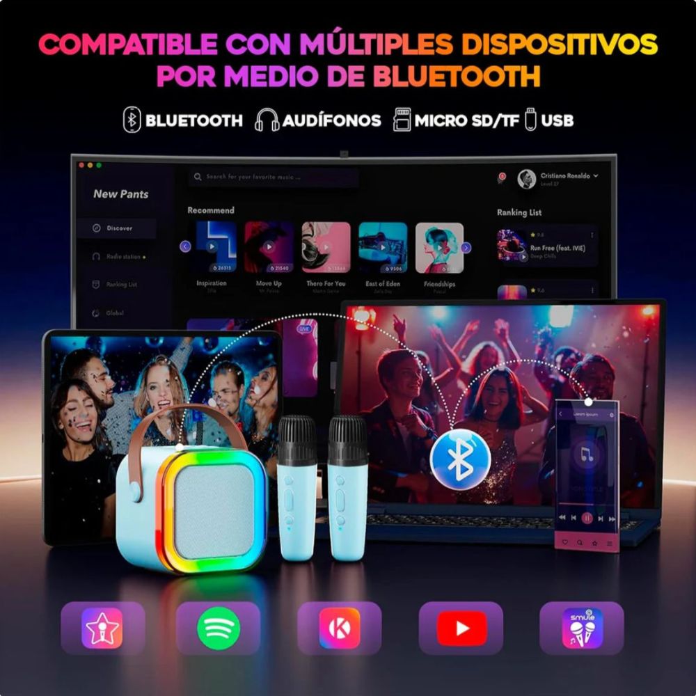 Parlante Karaoke Bluetooth + Micrófono Luces LED 