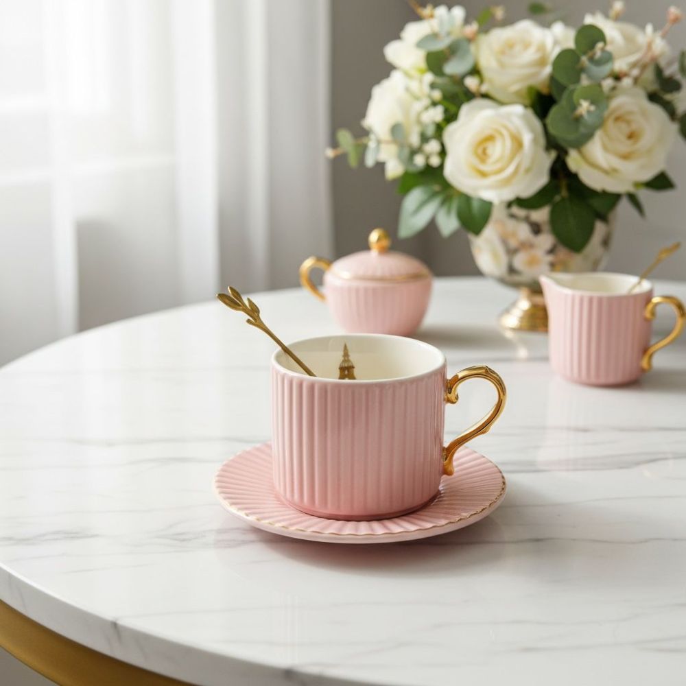 Taza de café con platillo, lindas tazas de leche, elegante taza de café de cerámica con cuchara, juego de tazas de espresso de 6.5 onzas para té capuchino con leche