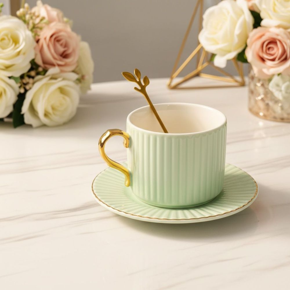 Taza de café con platillo, lindas tazas de leche, elegante taza de café de cerámica con cuchara, juego de tazas de espresso de 6.5 onzas para té capuchino con leche