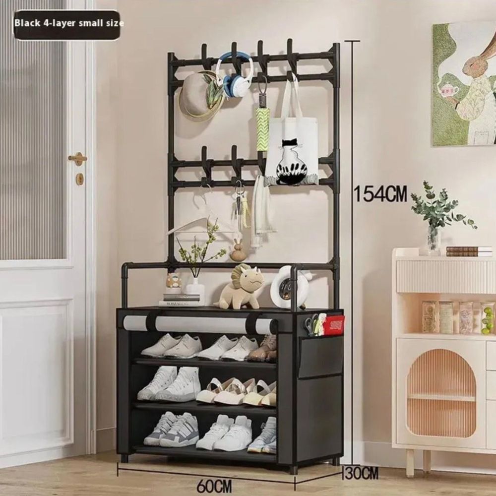 Zapatero Perchero Metálico 5 Niveles Acero Inoxidable con 8 Ganchos Negro