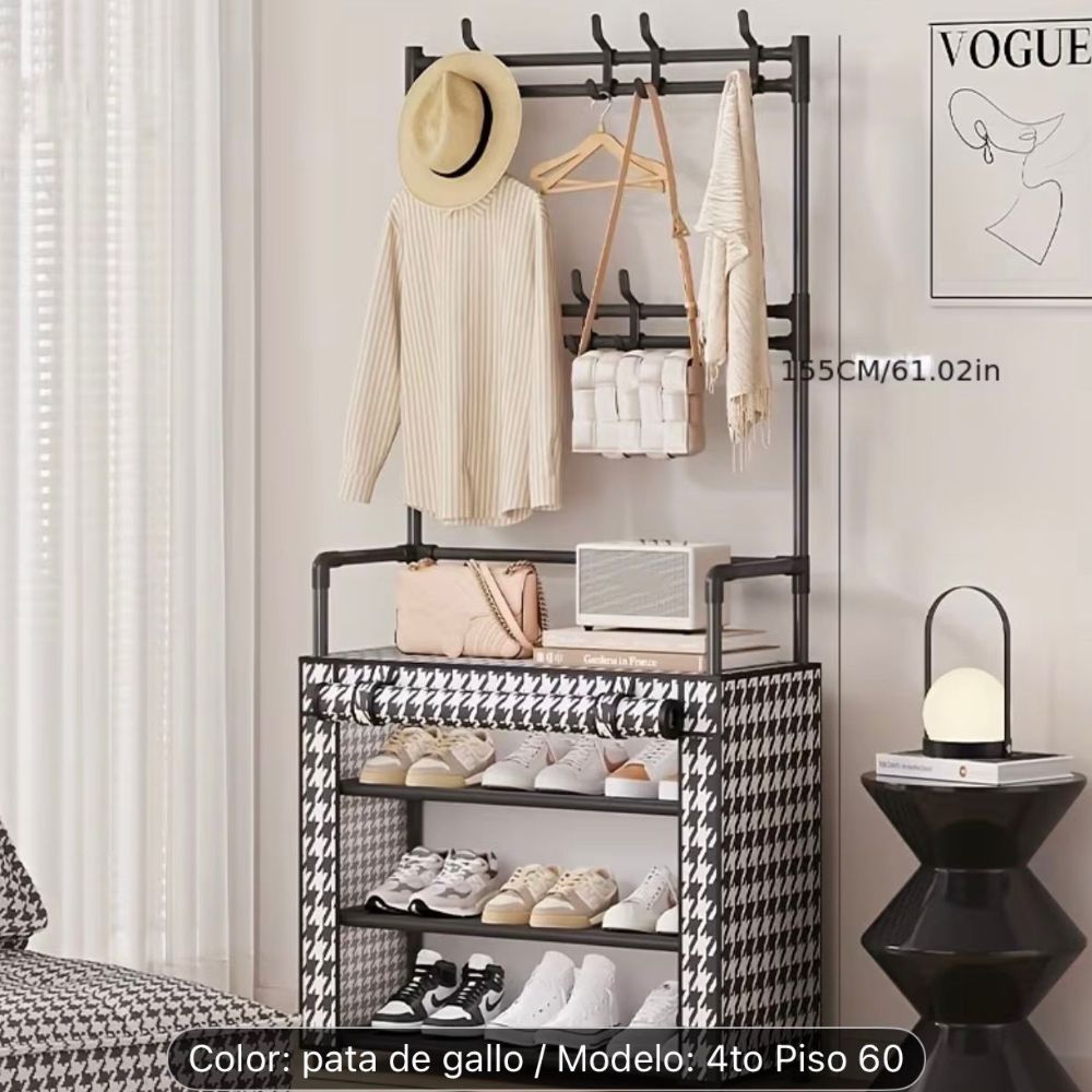 Zapatero Perchero Metálico 5 Niveles Acero Inoxidable con 8 Ganchos Negro